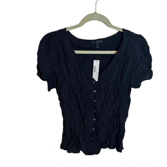 NWT J CREW BLACK BUTTON FRONT PUFF SLEEVE BLOUSE - Picture 1 of 5